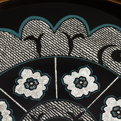 Reverse-painted glass tray, 'Andean Mandala in Silver' - Black and Silver Reverse-Painted Glass Tray