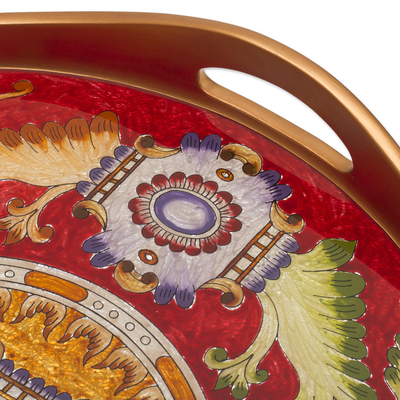 Reverse-painted glass tray, 'Royal Medallion in Red' - Red Reverse-Painted Glass Serving Tray