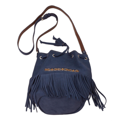 Wool-accented suede bucket bag, 'Aguas Calientes Blue' - Handmade Blue Suede Shoulder Bag