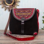 Wool-accented suede and leather shoulder bag, 'Sacred Valley' - Black and Red Suede and Wool Shoulder Bag