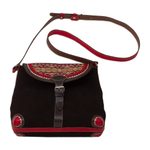 Wool-accented suede and leather shoulder bag, 'Sacred Valley' - Black and Red Suede and Wool Shoulder Bag