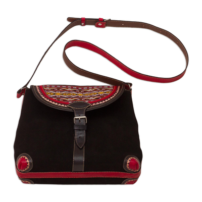 Wool-accented suede and leather shoulder bag, 'Sacred Valley' - Black and Red Suede and Wool Shoulder Bag