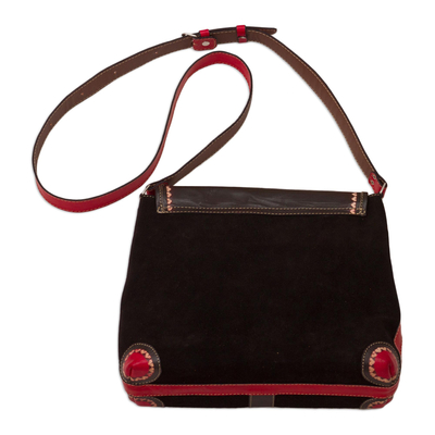 Wool-accented suede and leather shoulder bag, 'Sacred Valley' - Black and Red Suede and Wool Shoulder Bag