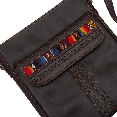 Leather shoulder bag, 'Road to Adventure' - Andean Style Leather Shoulder Bag
