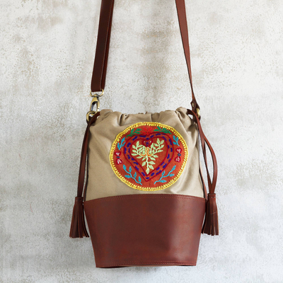 Leather and canvas bucket bag, 'Shipibo Connection' - Embroidered Cotton and Leather Bucket Bag