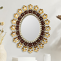 Reverse-painted glass wall mirror, 'Cajamarca Garland' - Floral Reverse-Painted Glass Wall Mirror
