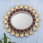 Reverse-painted glass wall mirror, 'Cajamarca Garland' - Floral Reverse-Painted Glass Wall Mirror from Peru