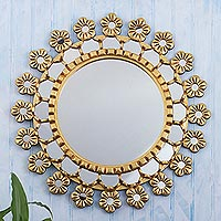 Wood and glass wall mirror, 'Golden Garland' - Floral Motif Wood Wall Mirror