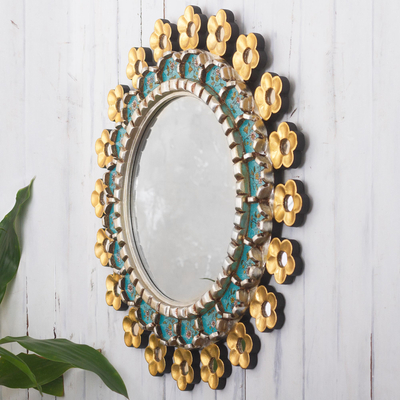 Reverse-painted glass and wood mirror, 'Cusco Garden' - Hand Painted Wall Mirror with Bronze Leaf