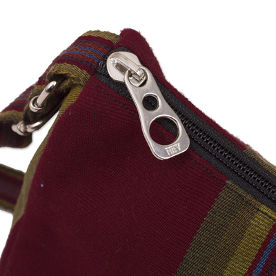 umhängetasche aus 100 % Alpaka - Handgewebte rote und olivfarbene Alpaka-Schultertasche mit Rückenriemen