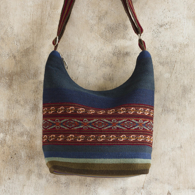 100% alpaca shoulder bag, 'Chinchero Skies' - Backstrap Handwoven Blue and Red Alpaca Shoulder Bag