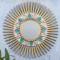 Wood and glass wall mirror, 'Flower of the Sun' - Hand Painted Wood Sun Wall Mirror