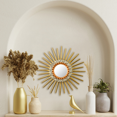 Wood and glass wall mirror, 'Eternal Force' - Sun Motif Wood Wall Mirror