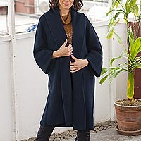 Organic cotton and baby alpaca blend sweater coat, 'Constant Companion in Navy' - Navy Blue organic Cotton and Baby Alpaca Sweater