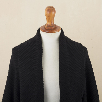 Cárdigan de algodón orgánico y baby alpaca, 'Instant Favorite in Black' - Abrigo suéter de punto negro con cinturón