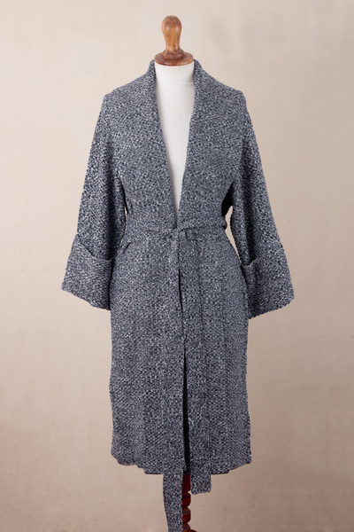 Organic cotton and baby alpaca blend sweater coat, 'Constant Companion in Tweed' - Navy and White Organic Cotton Blend Sweater Coat