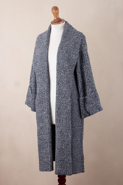 Organic cotton and baby alpaca sweater coat, 'Instant Favorite in Tweed' - Navy and White Organic Cotton Blend Sweater Coat