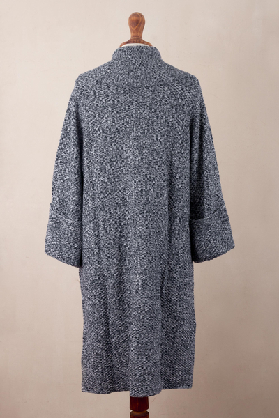 Pullovermantel aus Bio-Baumwolle und Babyalpaka, „Instant Favorite in Tweed“ - Marineblauer und weißer Pullovermantel aus Bio-Baumwollmischung