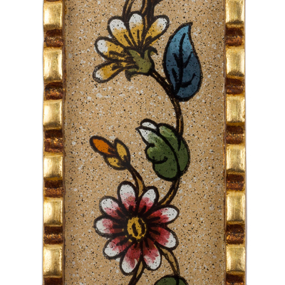 Reverse-painted glass wall cross, 'Flowers of Faith in Beige' - Handmade Glass Wall Cross with Floral Motifs