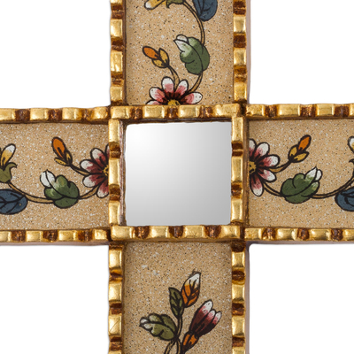 Cruz de pared de vidrio pintado al revés - Cruz de Pared de Vidrio Hecha a Mano con Motivos Florales