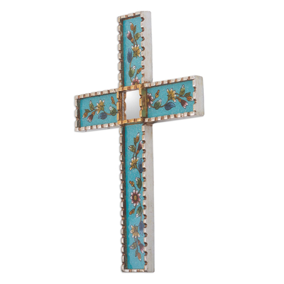 Reverse-painted glass wall cross, 'Flowers of Faith in Teal' - Hand Painted Glass and Wood Wall Cross