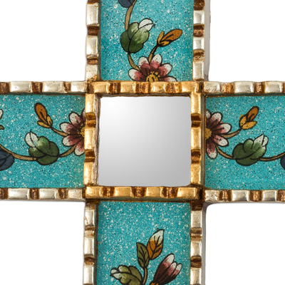 Reverse-painted glass wall cross, 'Flowers of Faith in Teal' - Hand Painted Glass and Wood Wall Cross