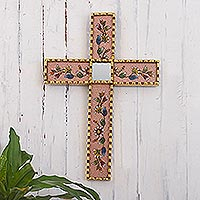 Reverse-painted glass wall cross, 'Flowers of Faith in Rose' - Bronze Leaf Accented Floral Wall Cross