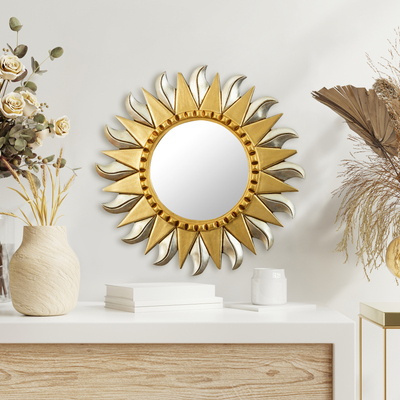 Espejo de pared de madera - Espejo de pared Sun de aluminio y hoja de bronce