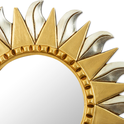 Wood wall mirror, 'Sun Corona' - Aluminum and Bronze Leaf Sun Wall Mirror