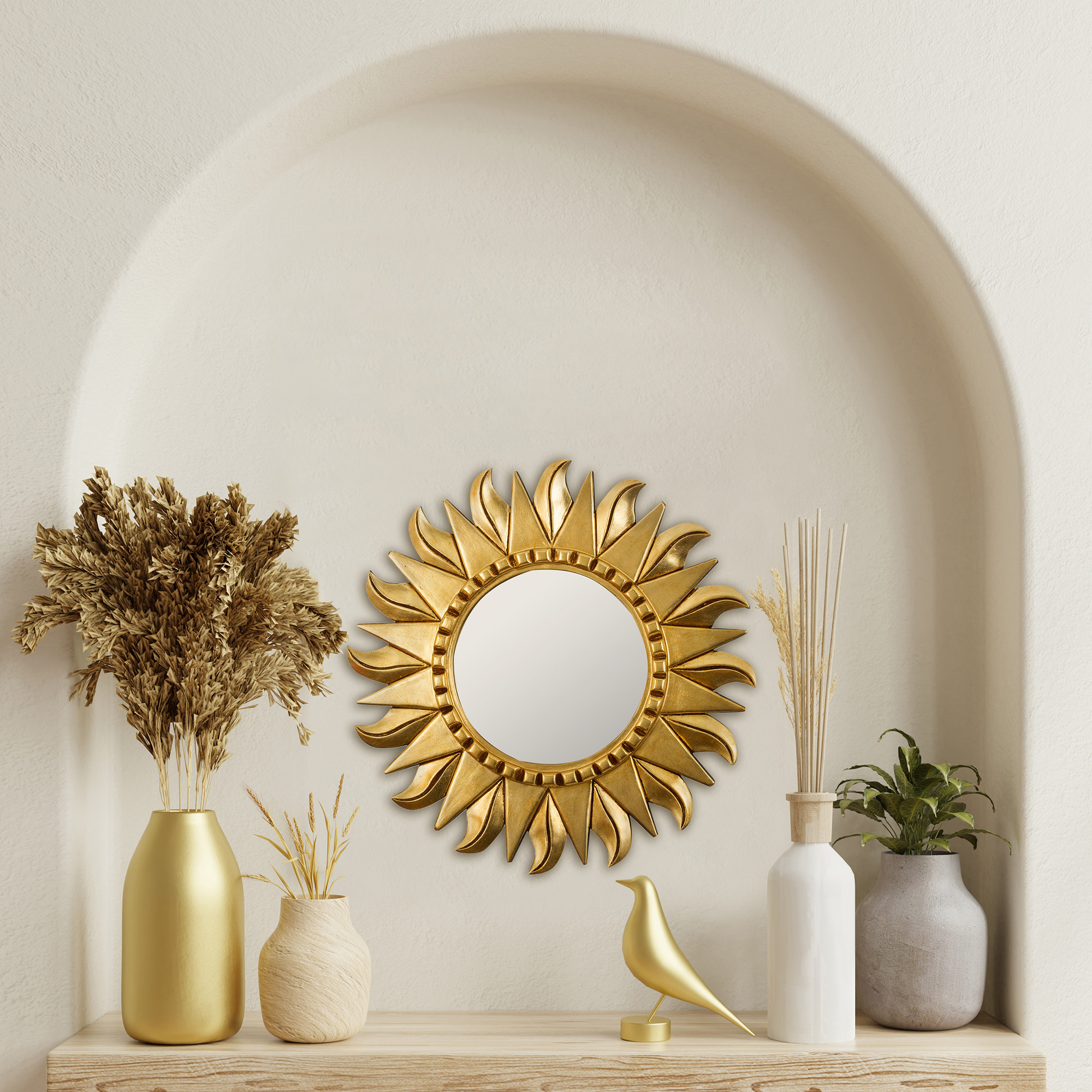 Round Wood And Bronze Leaf Sun Wall, Round Sun Like Mirror