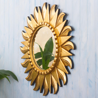 Wood wall mirror, 'Sun Center' - Round Wood and Bronze Leaf Sun Wall Mirror