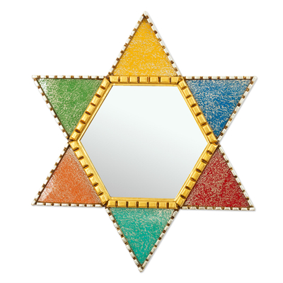Wood and glass wall mirror, 'Colorful Star of David' - Hand Painted Star of David Wall Mirror