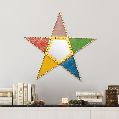 Glass and wood wall mirror, 'Colorful Star' - Star Shaped Wood and Glass Wall Mirror