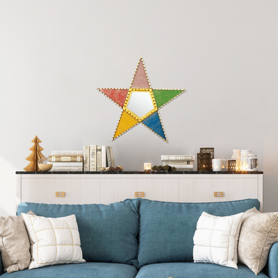 Glass and wood wall mirror, 'Colorful Star' - Star Shaped Wood and Glass Wall Mirror