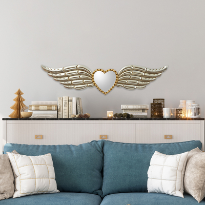 Wood and glass wall mirror, 'Winged Heart' - Hand Crafted Wood Winged Heart Wall Mirror