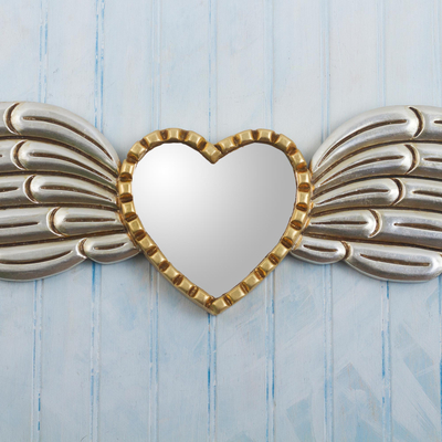 Wood and glass wall mirror, 'Winged Heart' - Hand Crafted Wood Winged Heart Wall Mirror