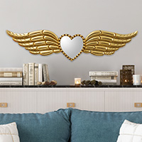 Wood and glass wall mirror, 'Winged Heart of Gold'