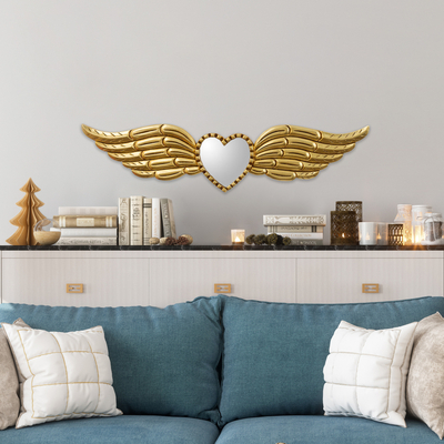 Wood and glass wall mirror, 'Winged Heart of Gold' - Bronze Leaf Finished Winged Heart Wall Mirror