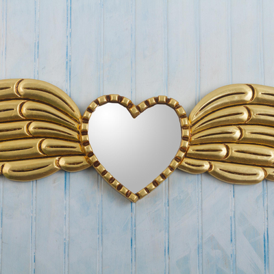 Wood and glass wall mirror, 'Winged Heart of Gold' - Bronze Leaf Finished Winged Heart Wall Mirror