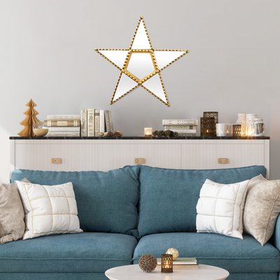 Wood and glass wall mirror, 'Star Power' - Handcrafted Star-Shaped Mirror with Bronze Leaf