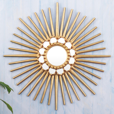 Wood and glass wall accent mirror, 'Stellar Sun' - Hand Crafted Wood Wall Mirror with Sun Motif