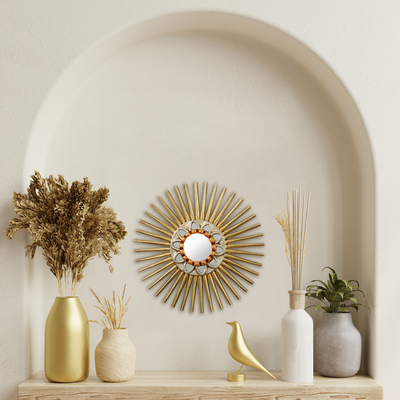 Wood and glass wall accent mirror, 'Energy of the Sun' - Sun Motif Wall Accent Mirror