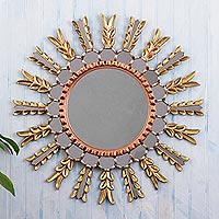 Wood and glass wall mirror, 'Cusco Corona' - Metallic Finish Wall Mirror from Peru
