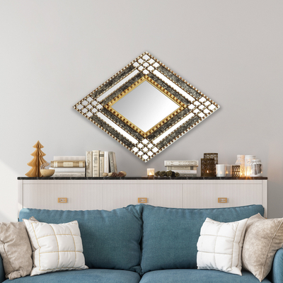 Glass and wood wall mirror, 'Diamond Drama' - Diamond-Shaped Wall Accent Mirror