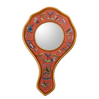 Hand Painted Glass and Wood Hand Mirror