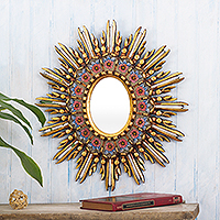 Reverse-painted glass wall accent mirror, 'Cusco Primrose' - Bronze Leaf Accented Reverse-Painted Glass Wall Mirror