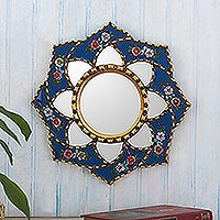 Reverse-painted glass wall accent mirror, 'Cusco Lotus in Blue' - Lotus-Shaped Reverse-Painted Glass Mirror
