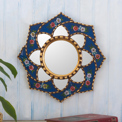 Reverse-painted glass wall accent mirror, Cusco Lotus in Blue