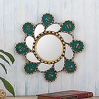 Reverse-painted glass wall accent mirror, 'Emerald Whirlwind' - Emerald Green Reverse-Painted Glass Wall Mirror