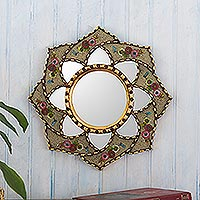 Reverse-painted glass wall accent mirror, 'Cusco Lotus in Khaki' - Floral Reverse-Painted Glass Accent Mirror